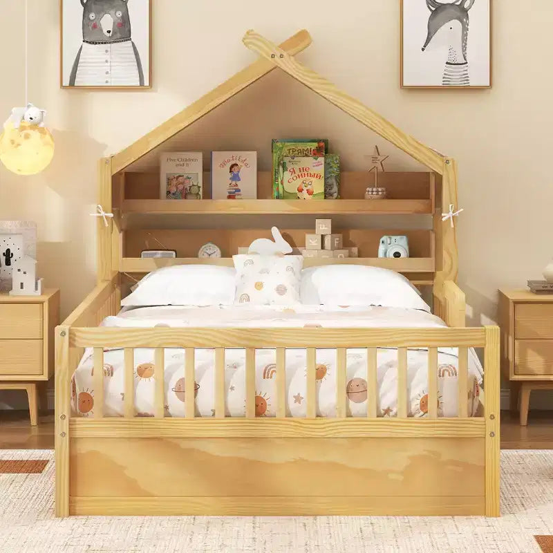 Letto a Capanna ModernLuxe per Bambini, Misura Singola/Piazza e Mezza, in Legno con Testiera Contenitore, Struttura in Pino Massiccio con Sponde di Protezione