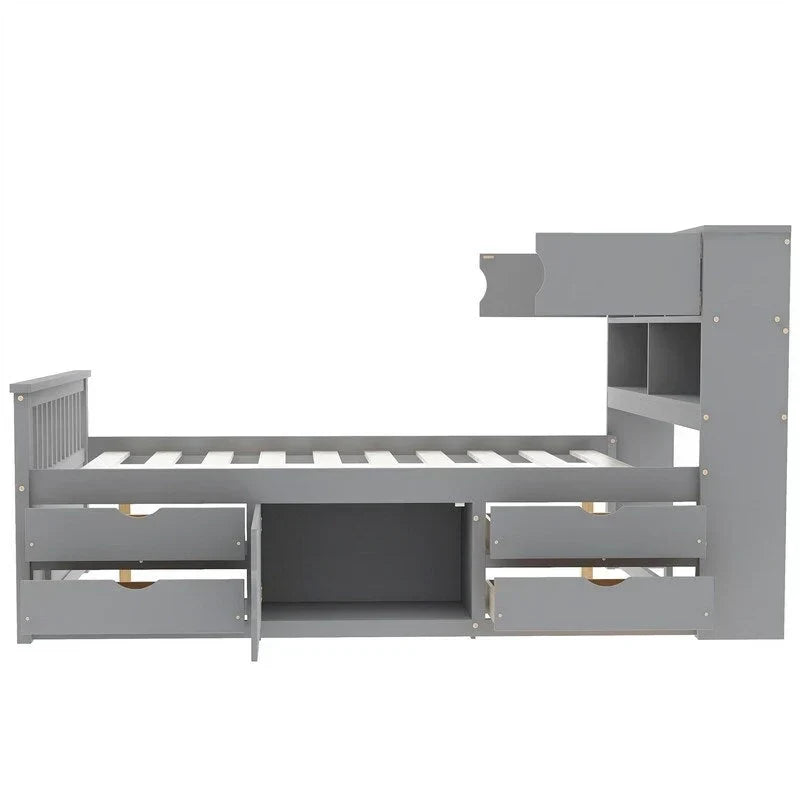 Letto a piattaforma Twin/Full Size Captain con 4 cassetti e mensole portaoggetti, struttura letto in legno massello con testiera libreria contenitore