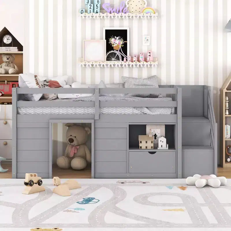 Letto a soppalco basso in legno massiccio, piazza e mezza, 94.6L x 42.3W, con scala, cassetto e mensola, design moderno e pulito