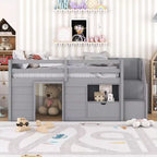 Letto a soppalco basso in legno massiccio, piazza e mezza, 94.6L x 42.3W, con scala, cassetto e mensola, design moderno e pulito