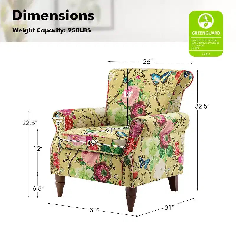 Poltrona Araceli Tradizionale in Legno Imbottita Floreale con Schienale Alto e Borchie | ART OF LIVING DESIGNS