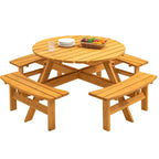 Set da pranzo rotondo da picnic per 8 persone in legno di abete da esterno con 4 panche integrate e foro per ombrellone