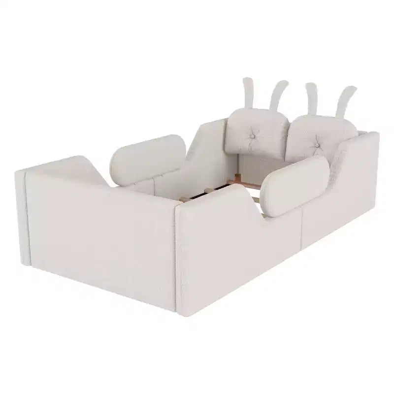 Whisen Twin - Letto a piattaforma, Letto imbottito da pavimento per bambini con cuscino a coniglio, Sponde laterali rimovibili