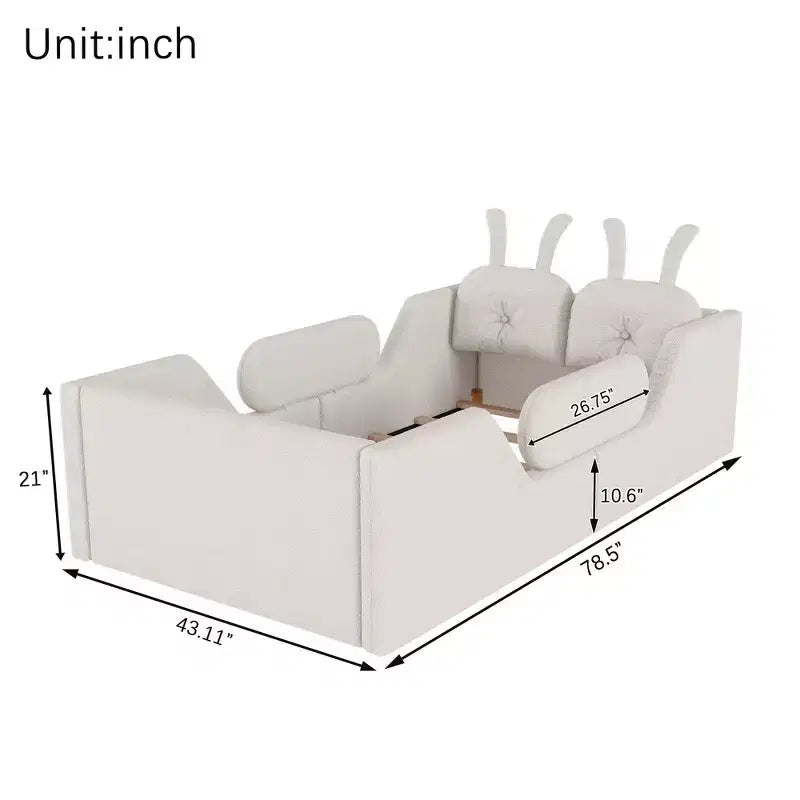 Whisen Twin - Letto a piattaforma, Letto imbottito da pavimento per bambini con cuscino a coniglio, Sponde laterali rimovibili
