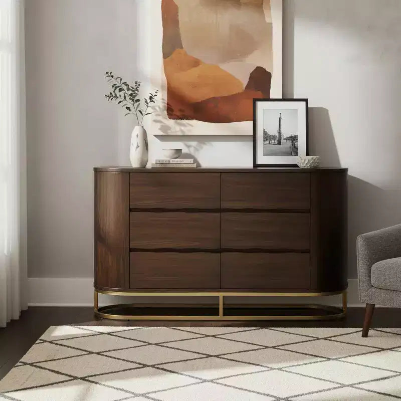 Commode moderne à 6 tiroirs avec plateau Live Edge, piètement en métal et construction en bois mélangé durable