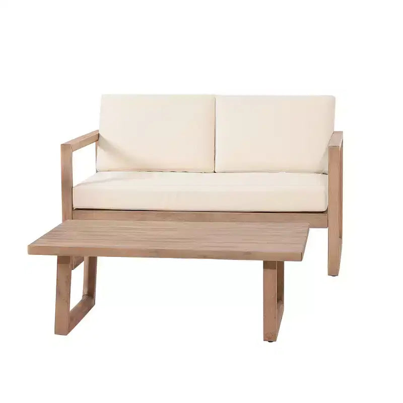 Set Mobili da Patio in Legno di Acacia, Set Conversazione per Esterni con Tavolino da Caffè e Morbidi Cuscini per Giardino, Portico e Balcone, Beige - Merax