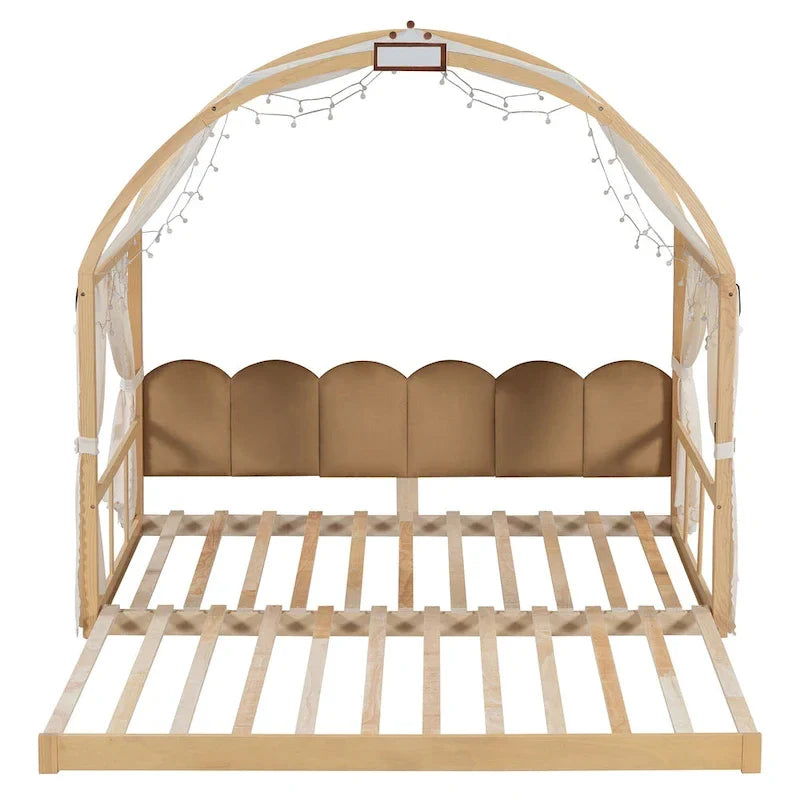 Letto a piattaforma in legno massiccio a forma di casetta, letto Montessori a terra con tetto ad arco e letto estraibile per bambine e bambini