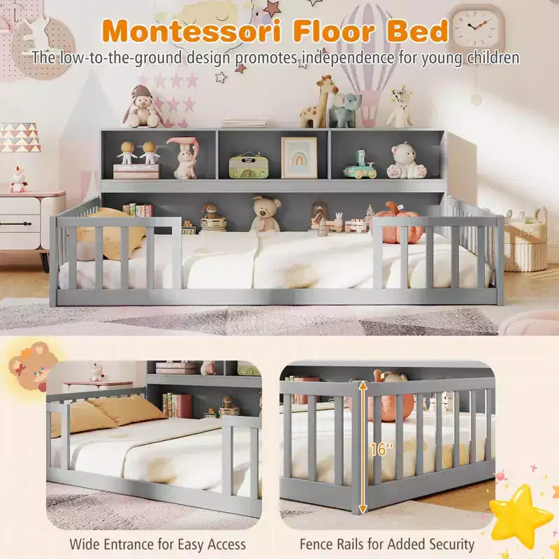 Letto a terra Montessori per materasso singolo/una piazza e mezza con libreria, ripiani e sponde di sicurezza bianco/grigio