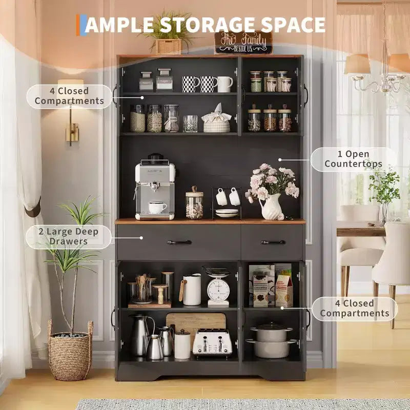 Mobile dispensa da cucina da 71" con stazione di ricarica, ampio piano di lavoro, supporto per microonde e 2 cassetti, mobile contenitore per sala da pranzo e soggiorno