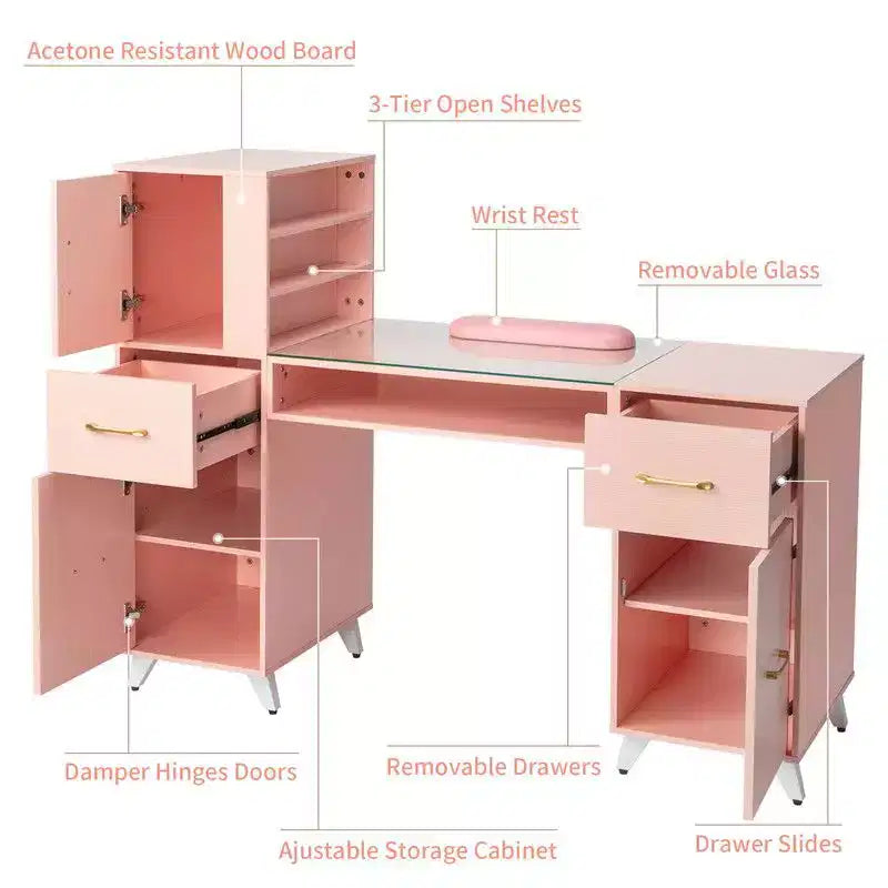 Tavolo per manicure moderno nero/rosa con piano in vetro e poggiapolsi, postazione singola