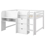 Letto a soppalco basso rosa/bianco con scrivania, contenitore e lavagna bianca – Singolo, 1 persona