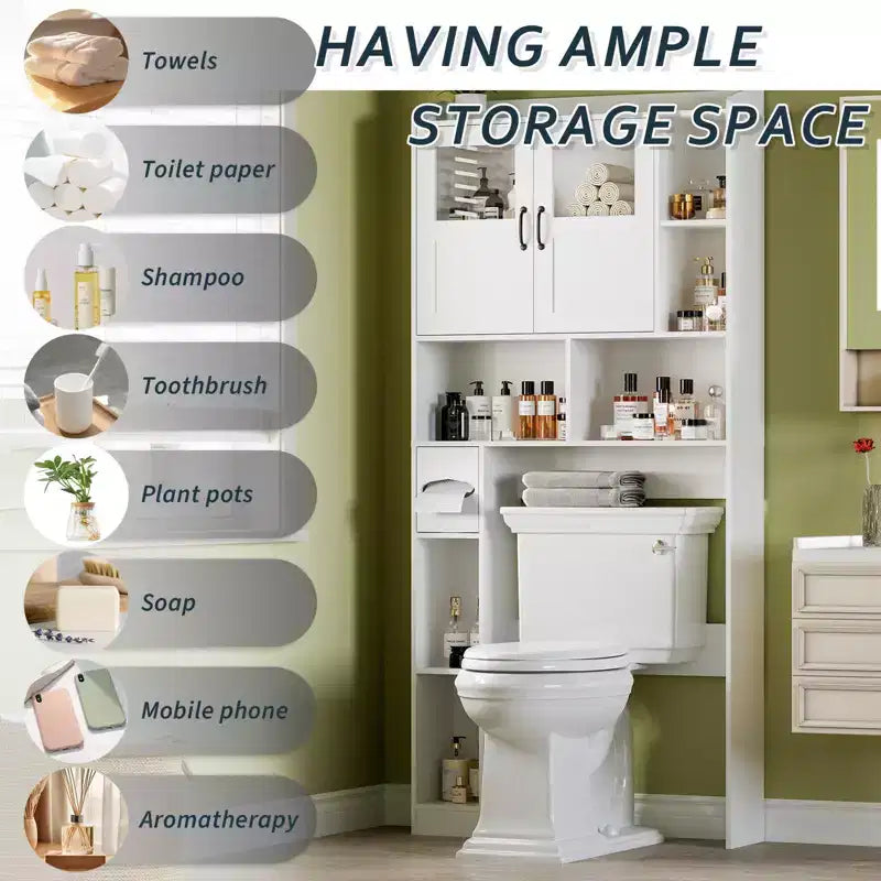 Mobiletto salvaspazio sopra il WC - Organizer e mobiletto da bagno in stile rustico da 67,4 H con ripiano regolabile e anta in vetro per bagno, lavanderia