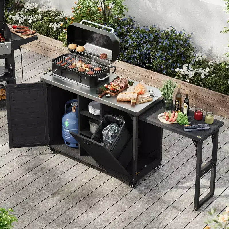 Isola da Cucina da Esterno da 78,3 Pollici con Piano di Lavoro in Acciaio Inossidabile, Stazione Barbecue Pieghevole e Armadietti, Nero