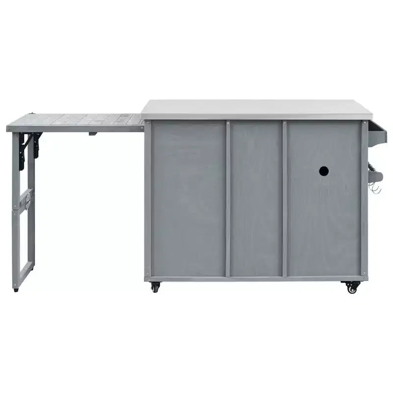 Isola cucina da esterno FAMYYT da 198,9 cm con piano di lavoro in acciaio inossidabile, stazione barbecue pieghevole e mobili contenitori, blu grigio