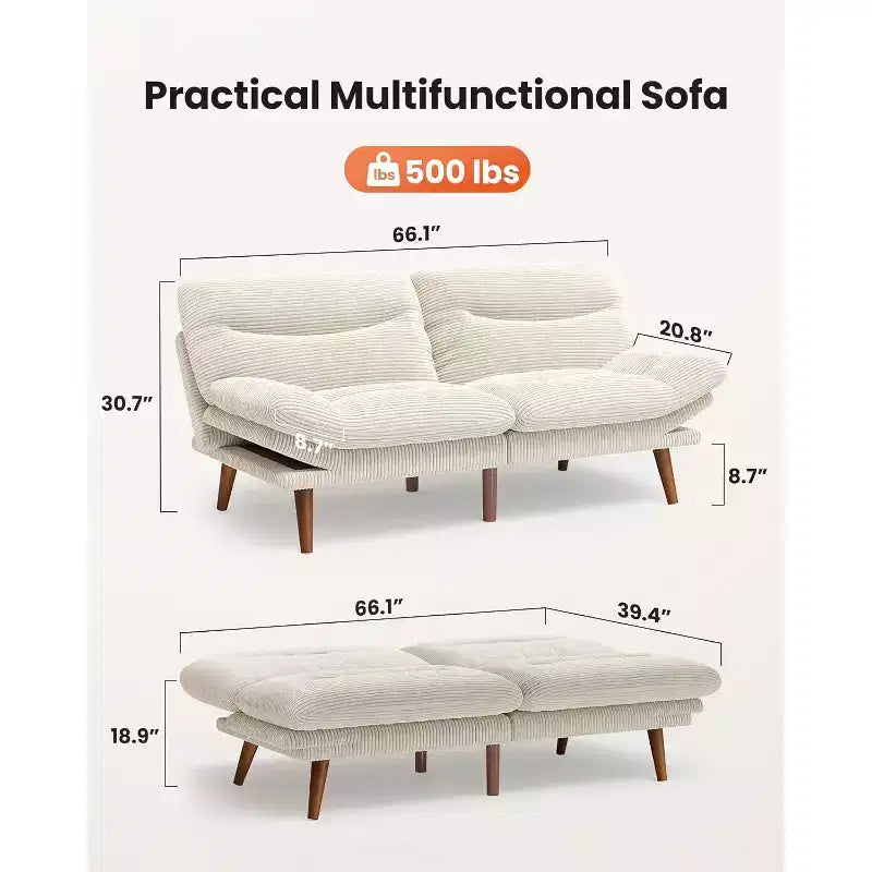 Divano letto in velluto a coste da 168 cm con schienale e braccioli regolabili, adatto a piccoli spazi, salotti o uffici come divano futon.