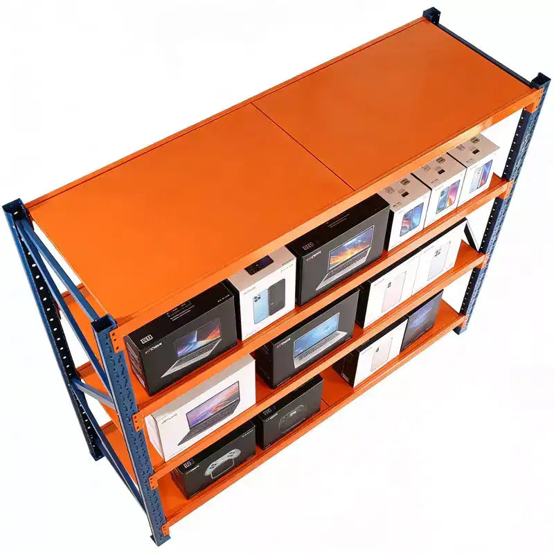 Scaffali per garage VIYET per impieghi gravosi, scaffalature in metallo regolabili a 4 ripiani con capacità di 2000 kg, stoccaggio industriale blu e arancione per negozio commerciale/attrezzi/palestra