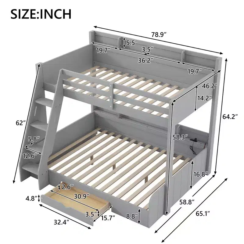 Letto a Castello con Letto Matrimoniale a Una Piazza e Mezza, con Contenitore, Luci a LED e Stazione di Ricarica, Letto a Castello in Legno con Scaffali Laterali per Bambini e Ragazzi