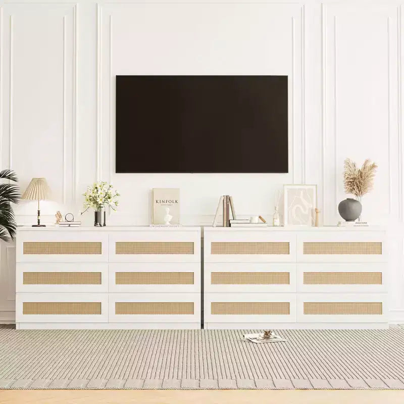 Cassettiera in Rattan per Camera da Letto con 6 Cassetti, Comò Largo Moderno in Stile Fattoria da 120 cm, Mobile Contenitore in Legno per Armadio, Soggiorno, Corridoio