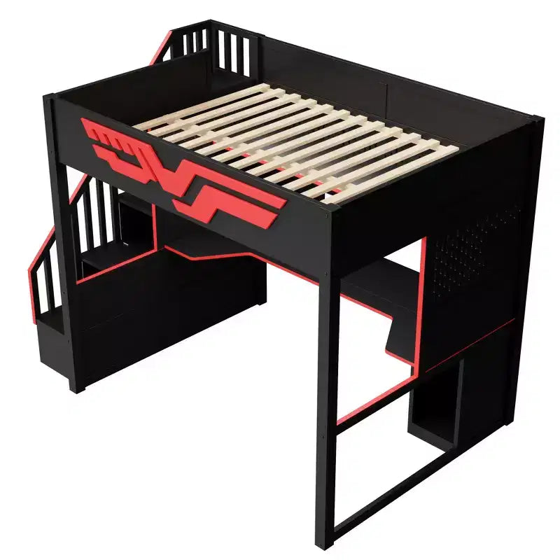Letto a soppalco da gioco completo con scrivania e luci LED, letto a soppalco alto in legno a una piazza e mezza con scala e scala portaoggetti e USB, rosso+nero