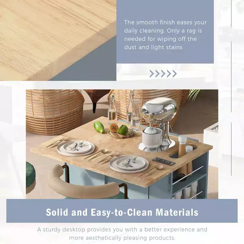 Isola da Cucina Mobile con Presa di Corrente, Piano Ribaltabile e Top in Legno di Gomma