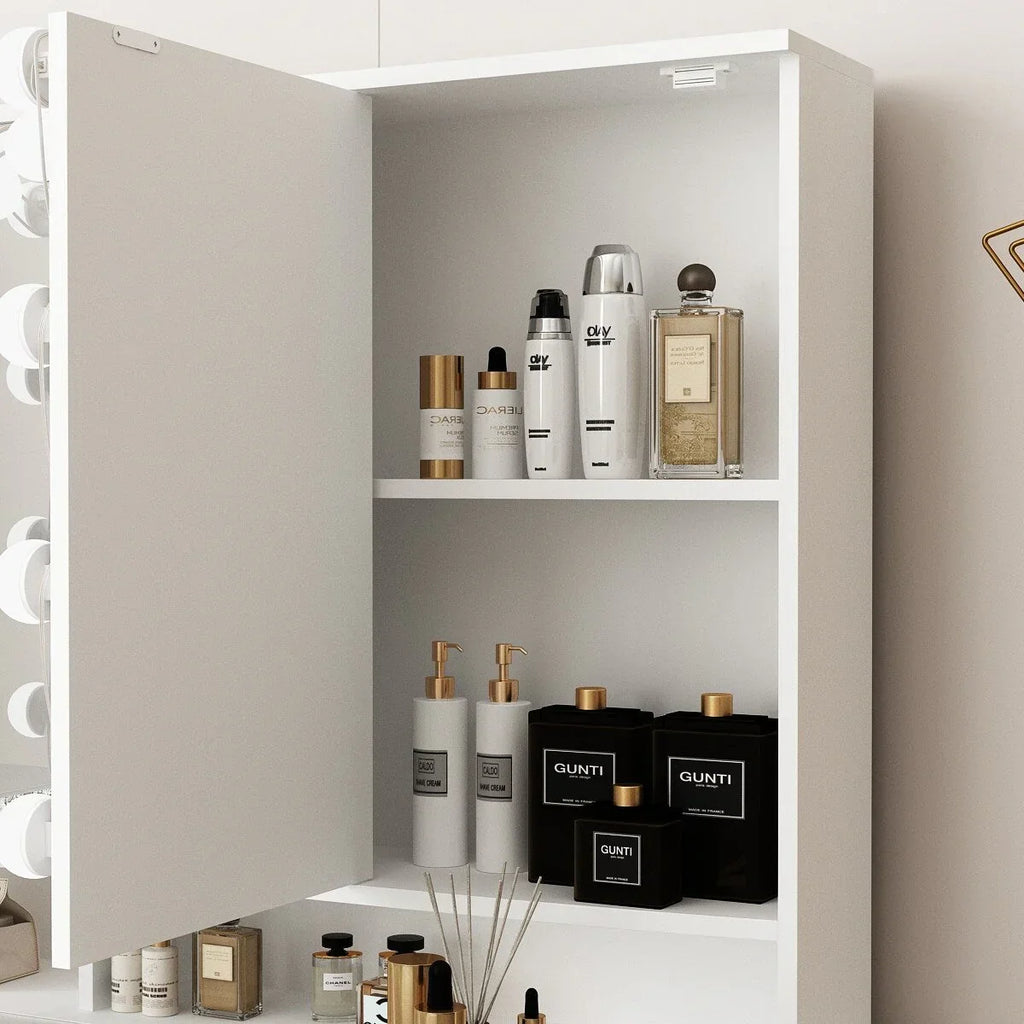 Comò per trucco con specchio a tre ante, illuminazione certificata e piano in vetro