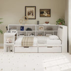 Divano Letto a "L" in Legno con Scrivania, Mobile Libreria, Letto Angolare con Cassetti Sottostanti, Testiera Imbottita con Luce Integrata