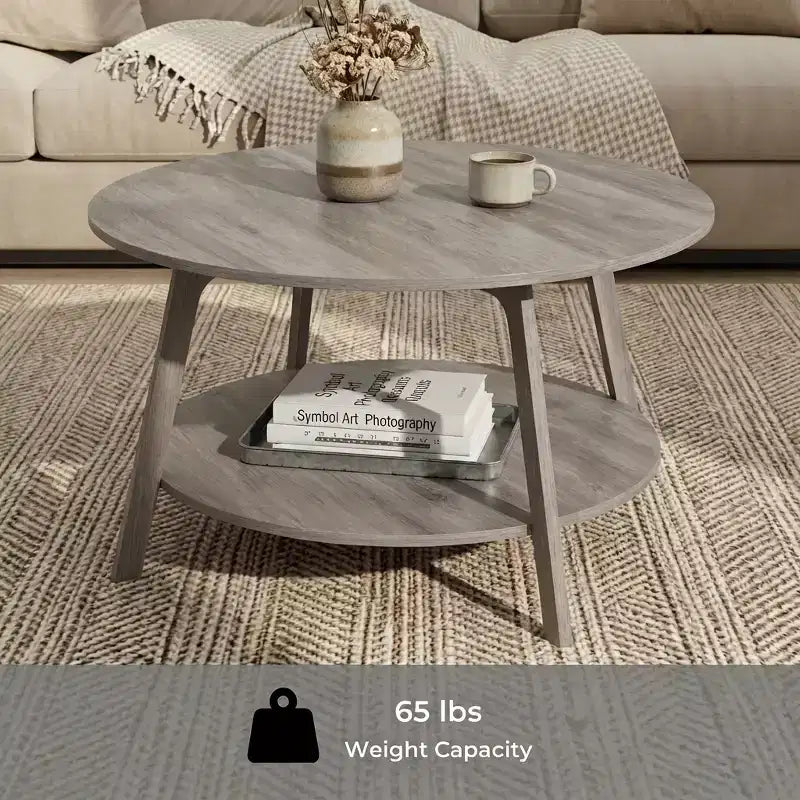 Tavolino rotondo color miele con 2 ripiani, misure 80 x 45 cm, ideale per il soggiorno