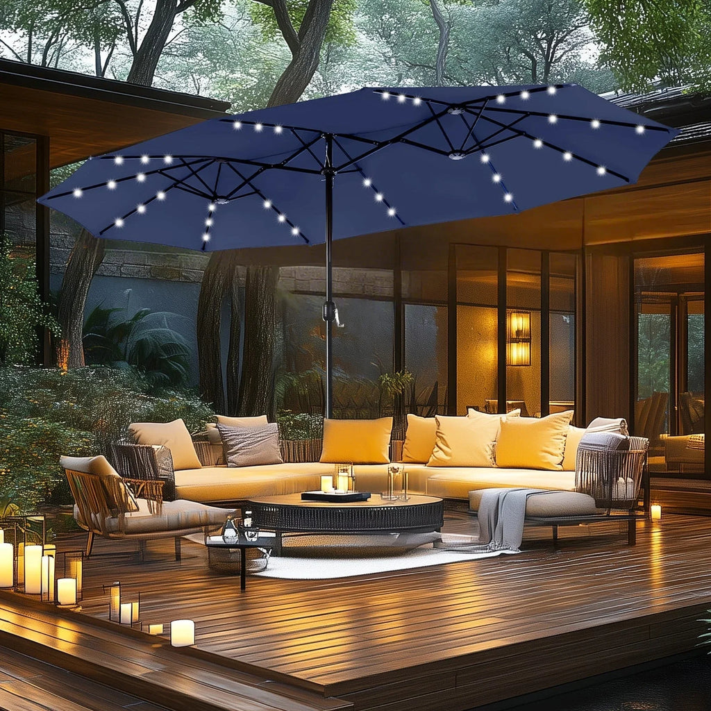 MAISON ARTS Ombrellone rettangolare da esterno a manovella con doppia falda da 4,5 metri, con luci a LED solari e base inclusa