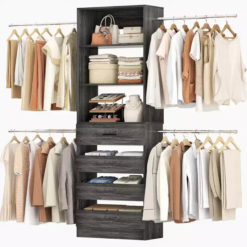 Besiost Sistema Organizer per Armadio in Legno 4-9 piedi con 4 Cassetti, 4 Aste Appendiabiti e Torri Scaffale