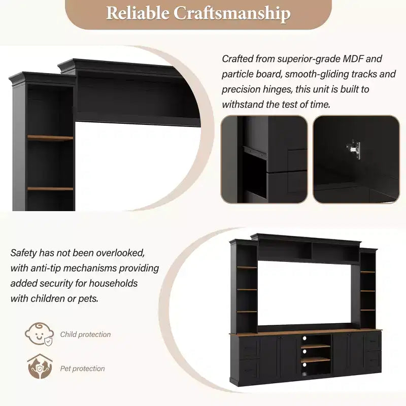 ModernLuxe Mobile TV da Parete 4 in 1 per Stile Rustico, Adatto a TV Fino a 70 Pollici, Consolle Multimediale con Ripiani Regolabili e Cassetti