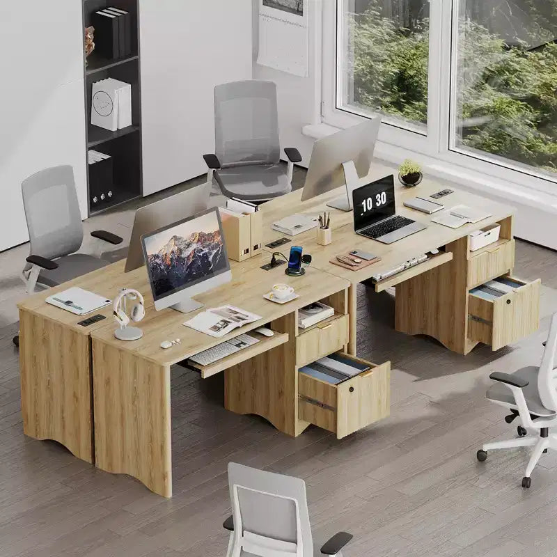 Scrivania Smart Bestier 55 per computer, scrivania da scrittura in rovere con cassetti portadocumenti e presa di corrente, scrivania direzionale con vani a giorno e vassoio per tastiera