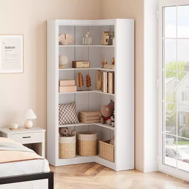 Libreria angolare a 5 ripiani a forma di L, in stile retrò, Bianco/Nero/Legno, singola