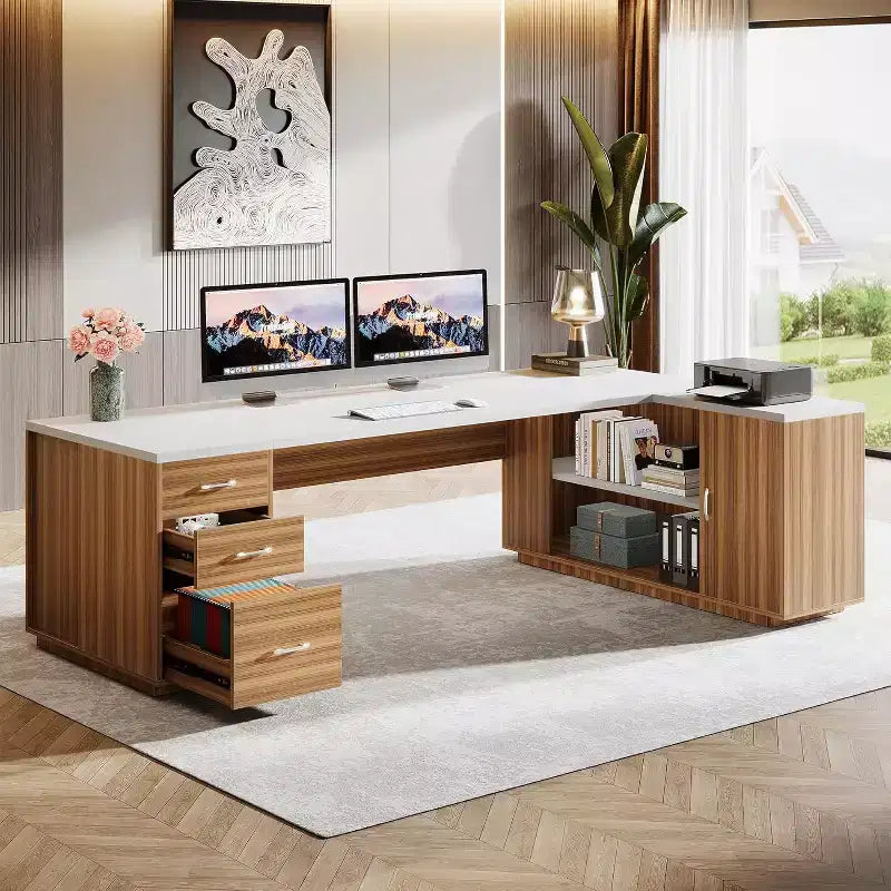 Scrivania direzionale a L Lantine 85.8, scrivania da computer da ufficio extra large con cassetti per schedari per l'home office