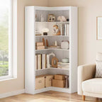 Libreria angolare a 5 ripiani a forma di L, in stile retrò, Bianco/Nero/Legno, singola