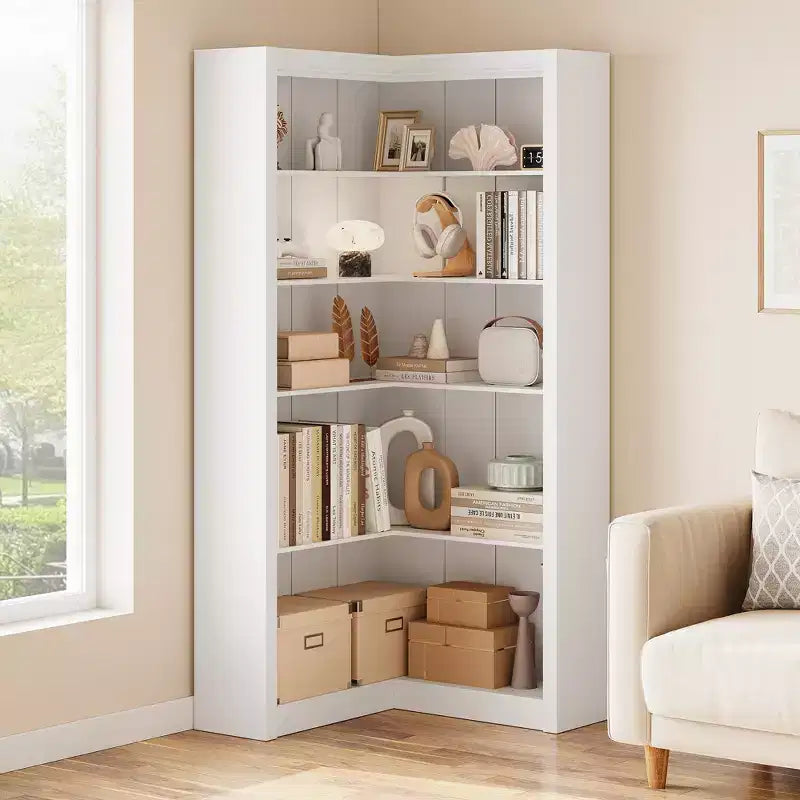 Libreria angolare a 5 ripiani a forma di L, in stile retrò, Bianco/Nero/Legno, singola