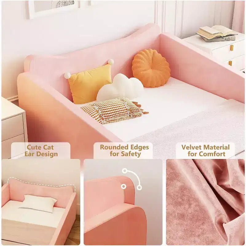 Lettino per bambini JOYMOR, Letto a pavimento con sponda di sicurezza, Lettino Montessori per bambini con orecchie di animali, Rosa