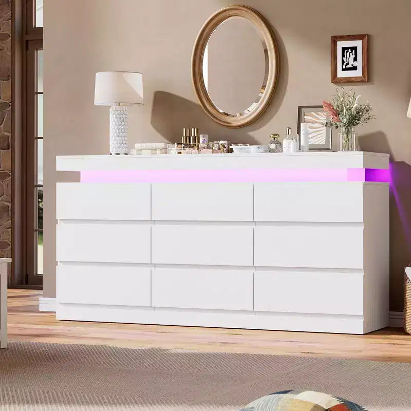 Comò a 9 cassetti per camera da letto, cassettiera con stazione di ricarica e luci LED, armadio doppio in legno, comò moderno porta TV