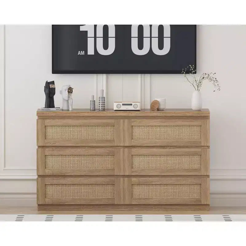Cassettiera in Rattan per Camera da Letto con 6 Cassetti, Comò Largo Moderno in Stile Fattoria da 120 cm, Mobile Contenitore in Legno per Armadio, Soggiorno, Corridoio