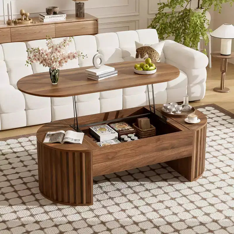 Tavolino da caffè con piano sollevabile 47,2" con scomparto nascosto, ovale, marrone
