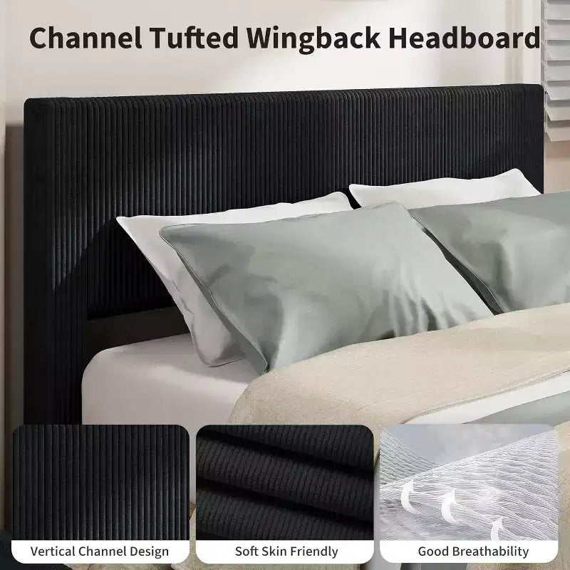 CuisinSmart - Struttura letto in velluto a coste con testiera, struttura letto imbottita con piattaforma con 4 cassetti portaoggetti e supporto a doghe in legno