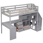Letto a soppalco singolo con scrivania a L, 3 cassetti, armadio, contenitore per scale, struttura in pino massiccio/MDF