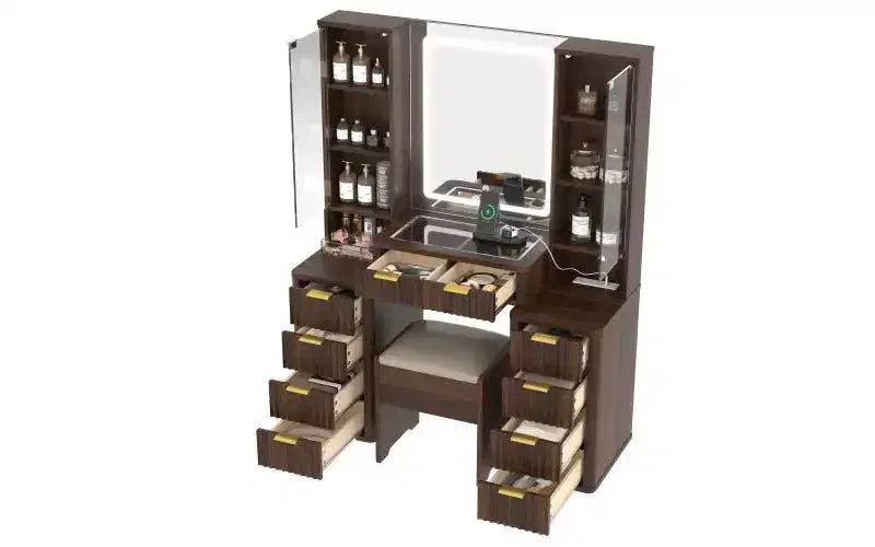 JVNOXK Set Toeletta Moderno da 43,5 Pollici con Specchio e Luce, con Cassetti e Mobiletto in Vetro Trasparente, Include Sgabello e Stazione di Ricarica, Marrone