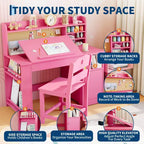 Set scrivania e sedia per bambini con contenitore, scrivania per bambini con libreria e inclinabile, per 3-8 anni, tavolo da scrittura per studenti per la cameretta