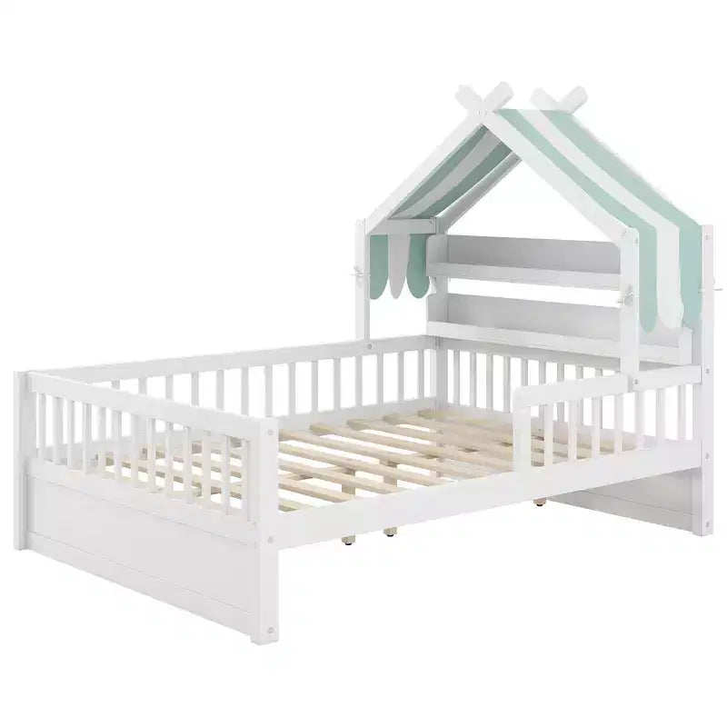 Letto a Capanna ModernLuxe per Bambini, Misura Singola/Piazza e Mezza, in Legno con Testiera Contenitore, Struttura in Pino Massiccio con Sponde di Protezione