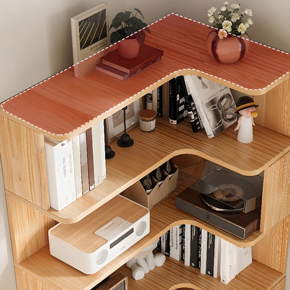 Libreria verticale angolare in legno con schienale aperto e finitura naturale