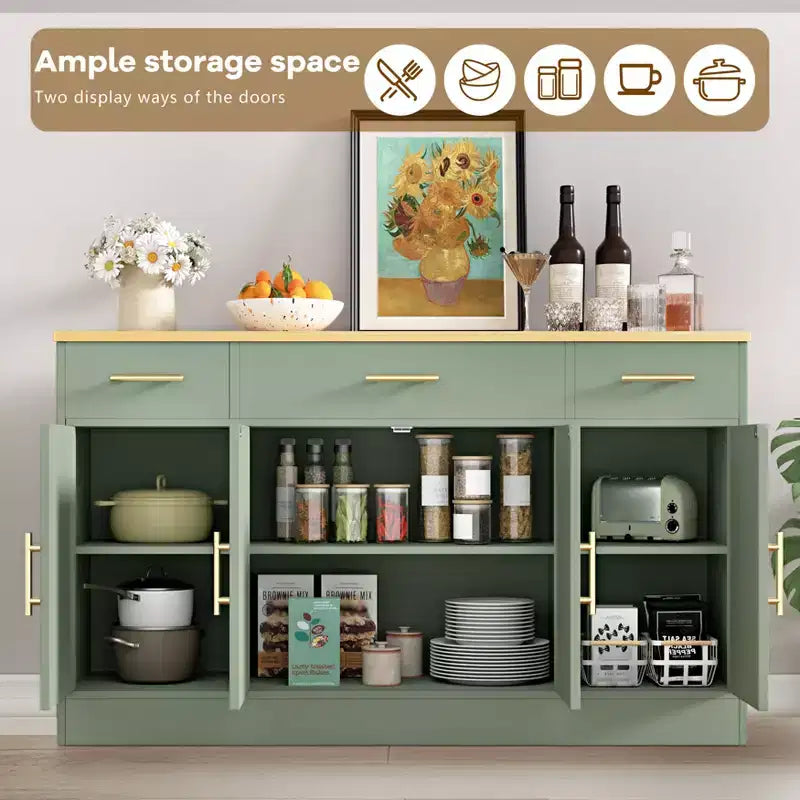 Mobile Buffet Celebalcony con Contenitore, Grande Mobile Contenitore da Cucina da 53,4 pollici con 3 Cassetti e 4 Ante, Ripiano Regolabile per Cucina, Soggiorno