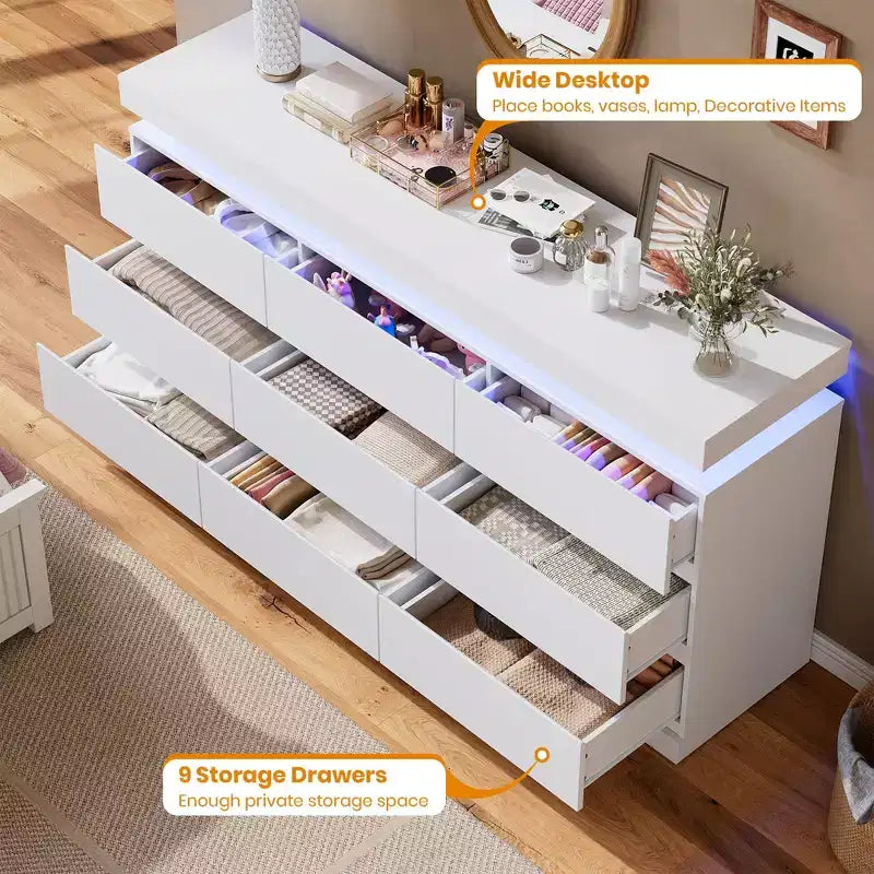 Comò a 9 cassetti per camera da letto, cassettiera con stazione di ricarica e luci LED, armadio doppio in legno, comò moderno porta TV