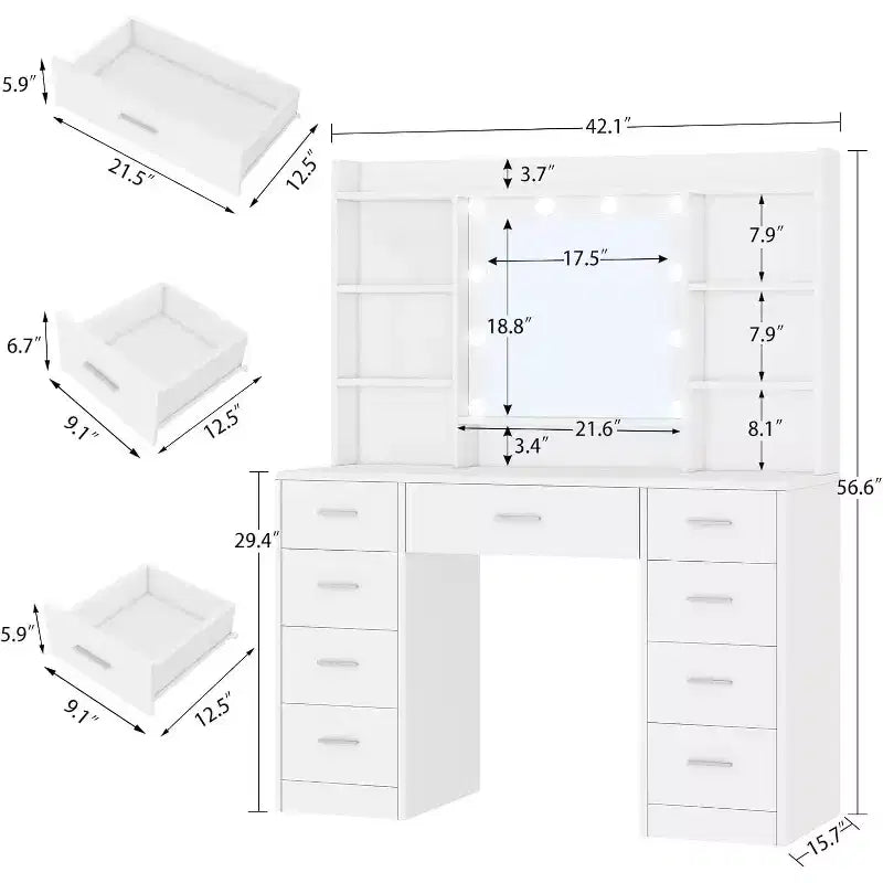 BALHAM TRADE-Toeletta con Specchio e Luci 9 Cassetti 6 Scaffali 3 Modalità di Illuminazione Luminosità Regolabile
