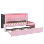 Letto da Giorno Twin/Full con Letto Estraibile e Testiera a Libreria a L, Letto Angolare Imbottito in Lino con Ripiani Portaoggetti e Cinghia a LED