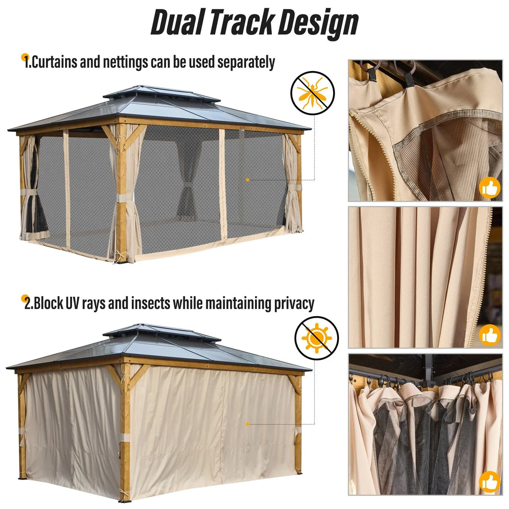 EROMMY Gazebo a tetto rigido, Pergola da esterno con doppio tetto, zanzariere e tende, Tenda da sole resistente per patio, cortile, feste in piscina